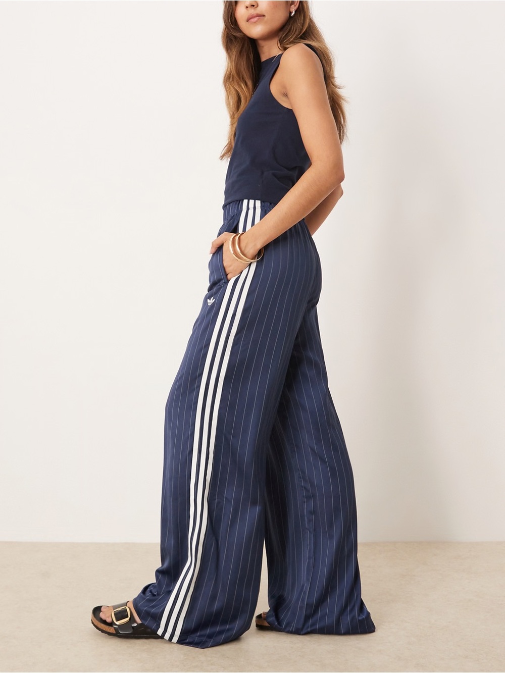 adidas Originals satin Pinstripe Wide-Leg Track Pant - sz M